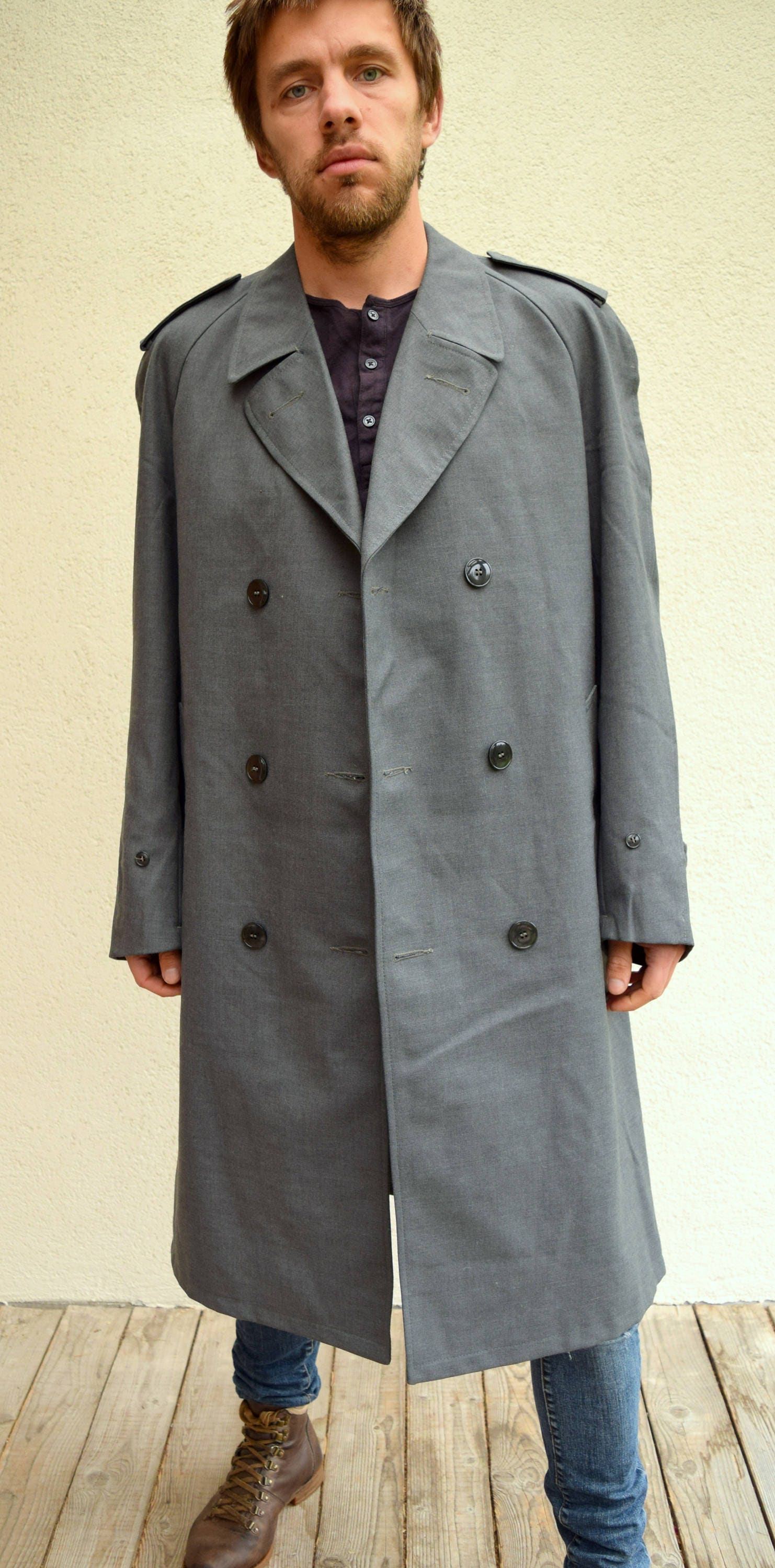 Gray Vintage Trench Coat, Duster Coat, Wool Coat,80s, Winter Gray Vintage Trench Coat, Duster Coat, Wool Coat,80s, Winter