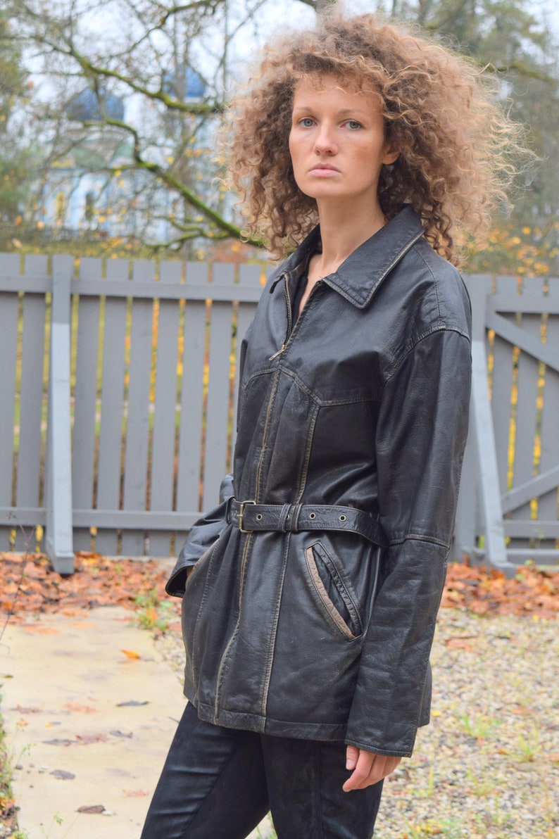 Distressed black leather jacket, women's biker jacket, moto jacket, leather coat, goatskin jacket, real leather, Size M image 3