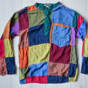 Colorful vintage shirt, 90s blouse, cotton top, long sleeve shirt, festival wear, geometric vintage shirt, Made in Nepal, Women's size S