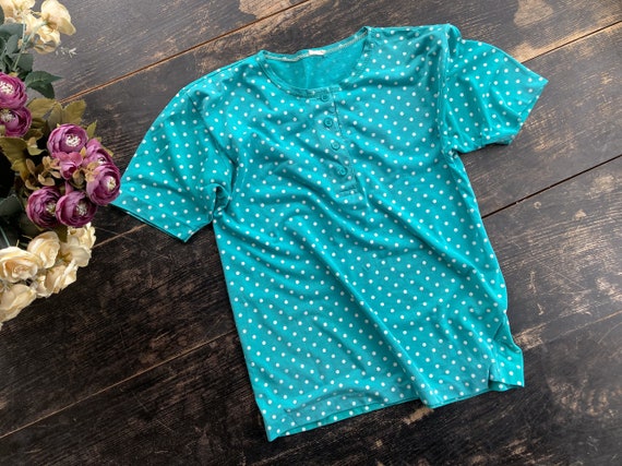 Blue-green (cyan) polka dot summer shirt - Vintag… - image 1