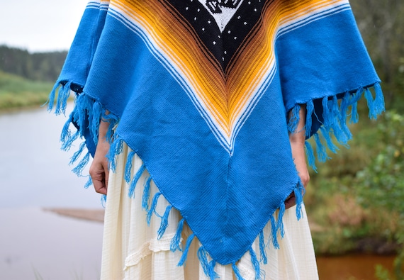 Navajo cape coat, Blue poncho, Vintage woolen fri… - image 10