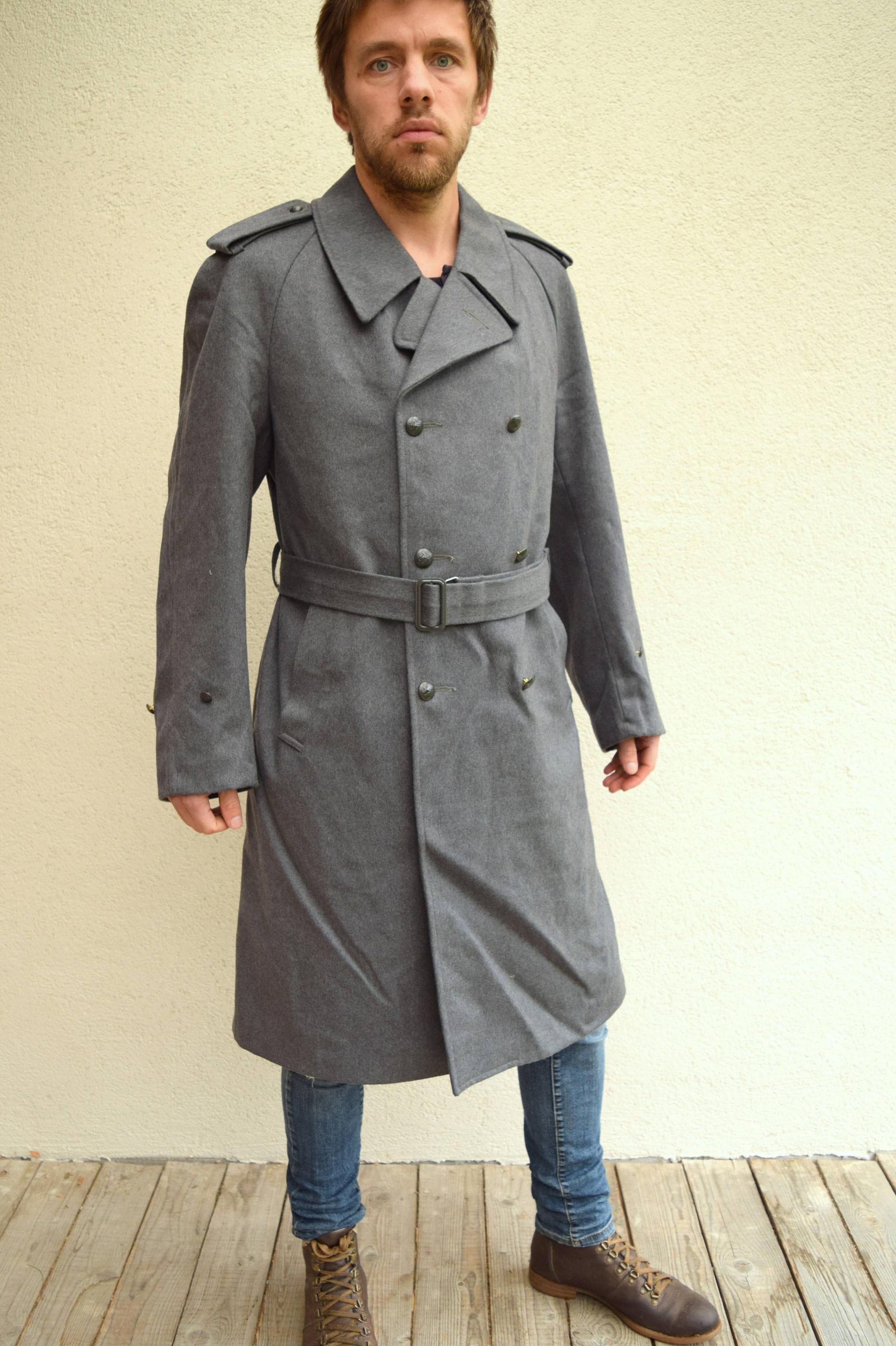 Gray Vintage Trench, Wool Coat, 80s, Men Long Coat, Winter Jacket