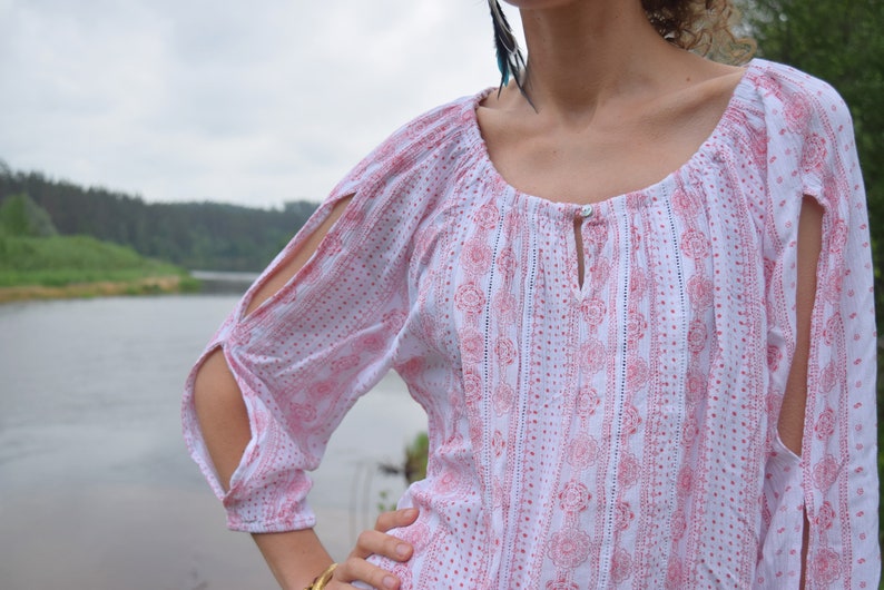 MUSTANG vintage zomershirt Roze boho blouse jaren '70 western country blouse Romantisch bloemenshirt Retro boho blouse afbeelding 2