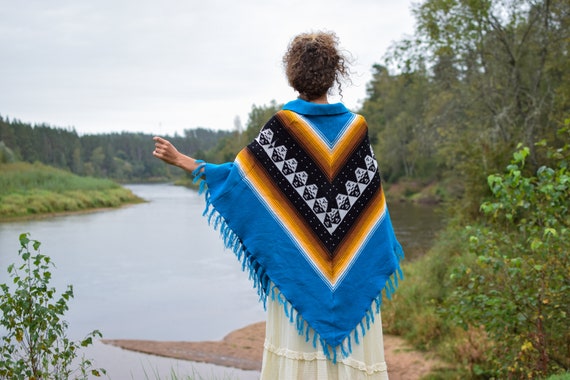 Navajo cape coat, Blue poncho, Vintage woolen fri… - image 8