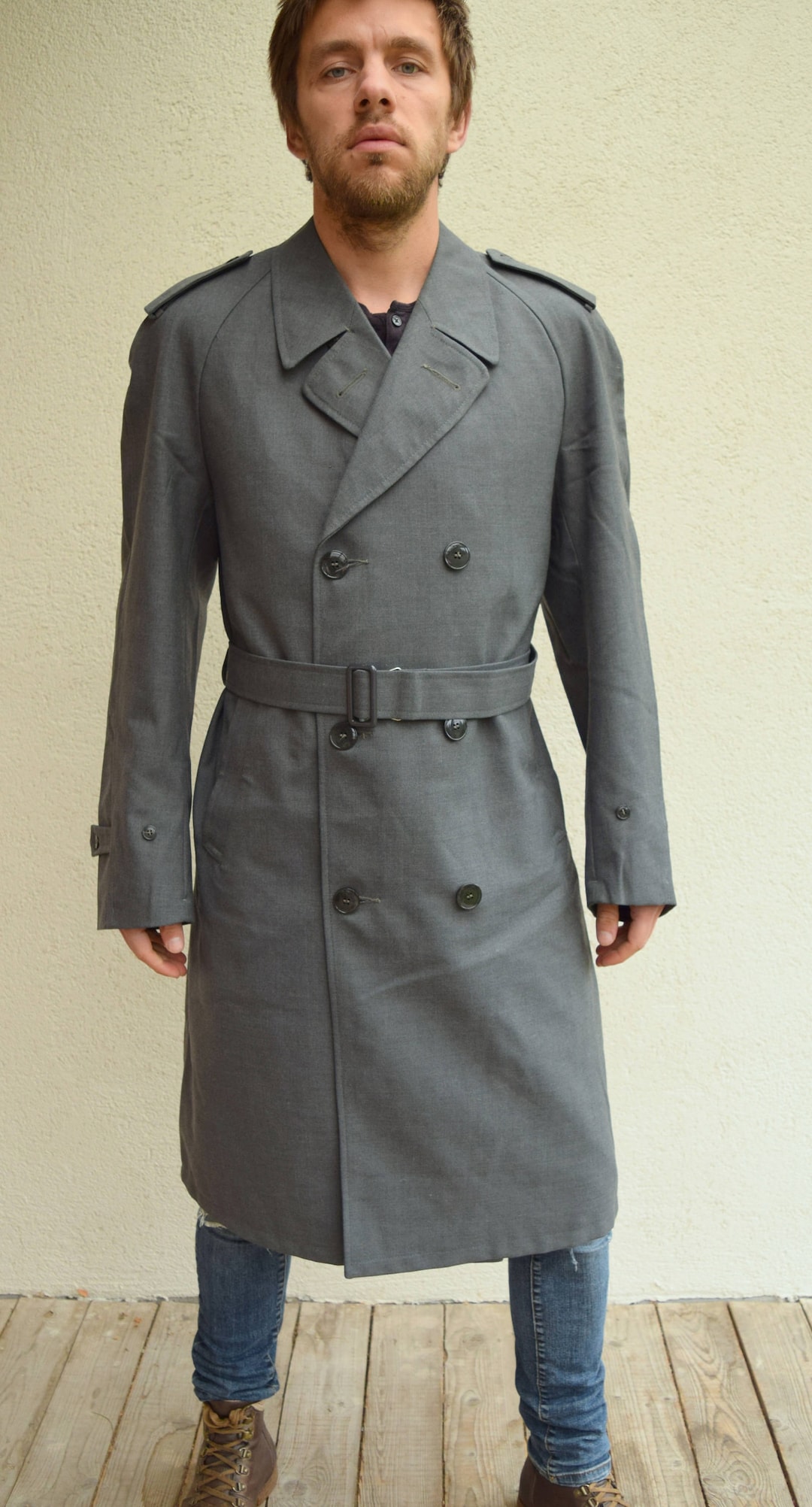 Gray Vintage Trench Coat, Duster Coat, Wool Coat,80s, Winter Gray Vintage Trench Coat, Duster Coat, Wool Coat,80s, Winter