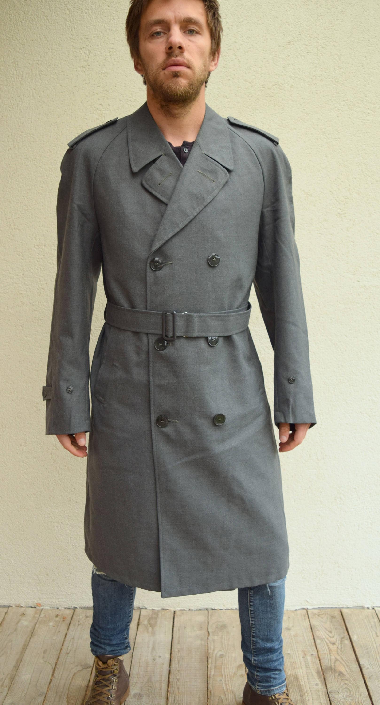 Gray Vintage Trench Coat, Duster Coat, Wool Coat,80s, Winter Gray Vintage Trench Coat, Duster Coat, Wool Coat,80s, Winter