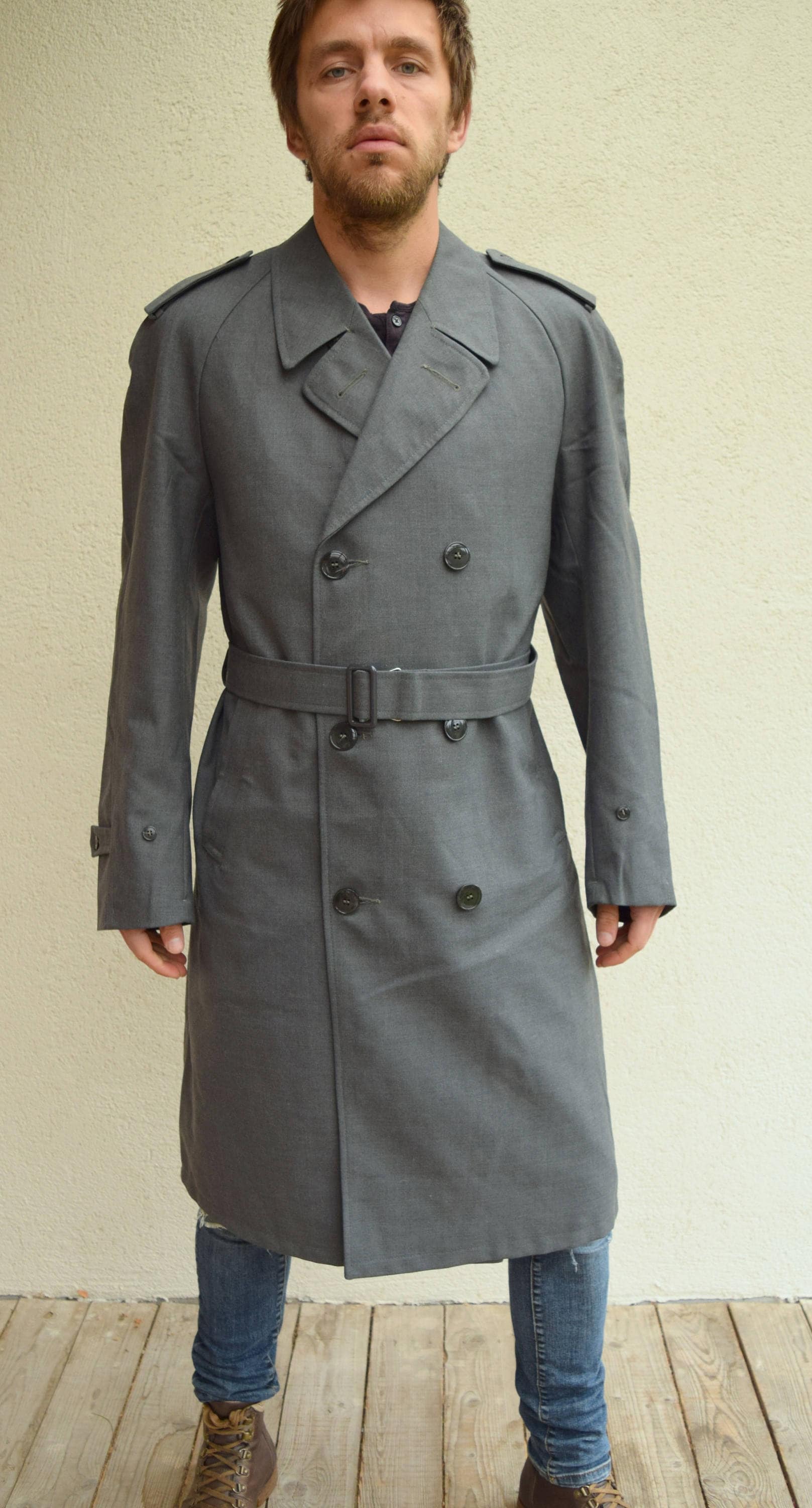 80s double breasted coat in detective style and grey color / menswear ...