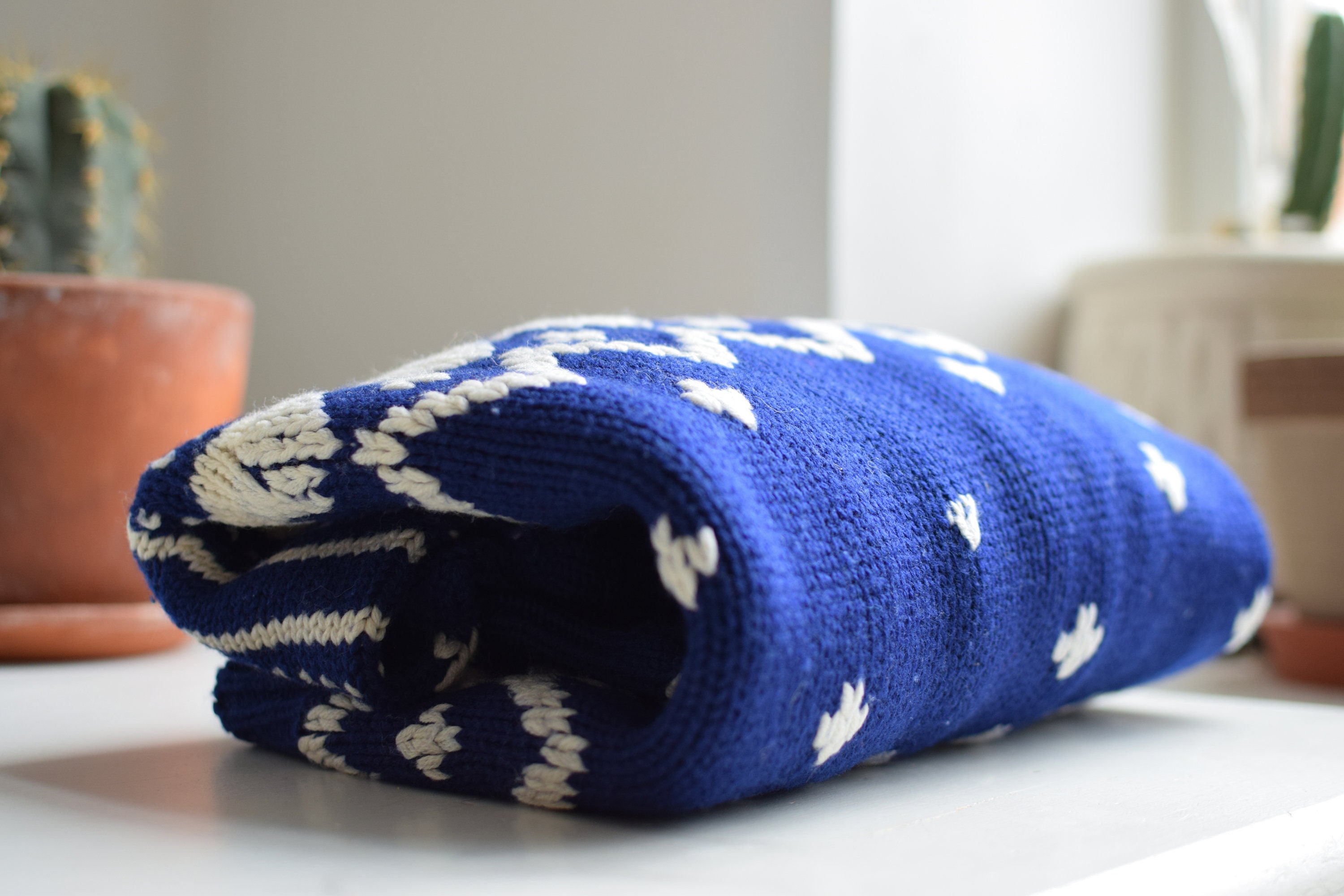 Handknit Nordic Wool Cardigan: 80s Blue Pattern, Women