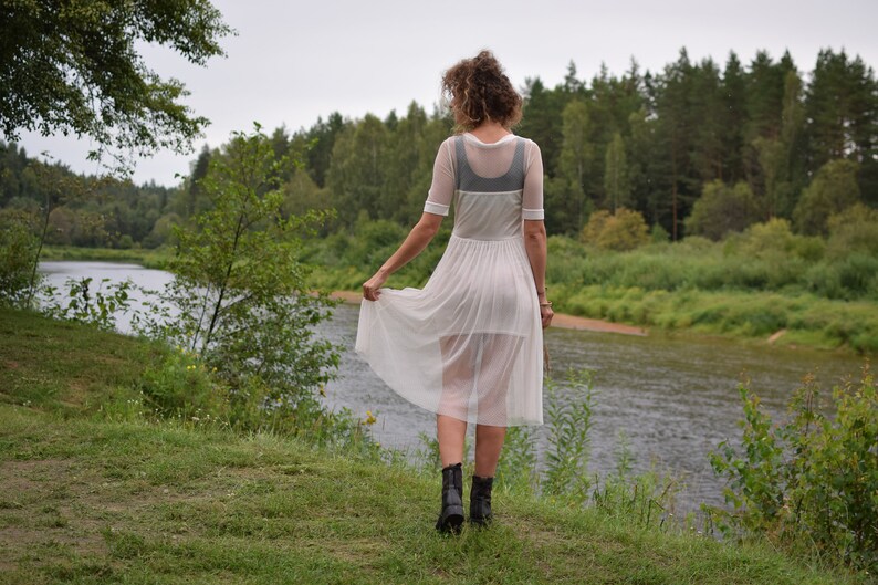 Romantic victorian summer dress White vintage summer dress Country midi dress 70s lace dress Partly transparent dress Small size image 4