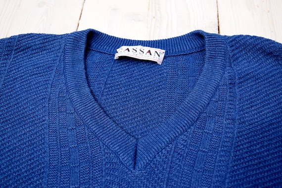 Blue woven sweater, vintage wool jumper, V neck s… - image 2