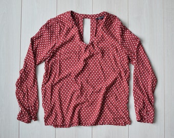 90s Vintage Polka Dot Blouse: Viscose Long Sleeve Shirt (S/M)