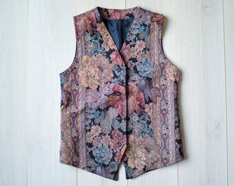 Tapestry vintage vest, 70s floral waistcoat, suit vest, wedding vest, floral pattern vest, v-neck, 80s gilet, women's  size M, men's S
