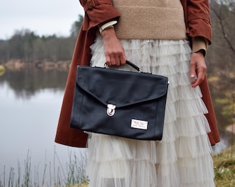 Porte-documents vintage en cuir noir - Sac à main professionnel des années 80
