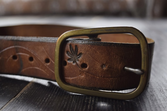 Belt Brown Hemp Leaf Cannabis with Buckle Embossed Cowhide Leather Made in USA 