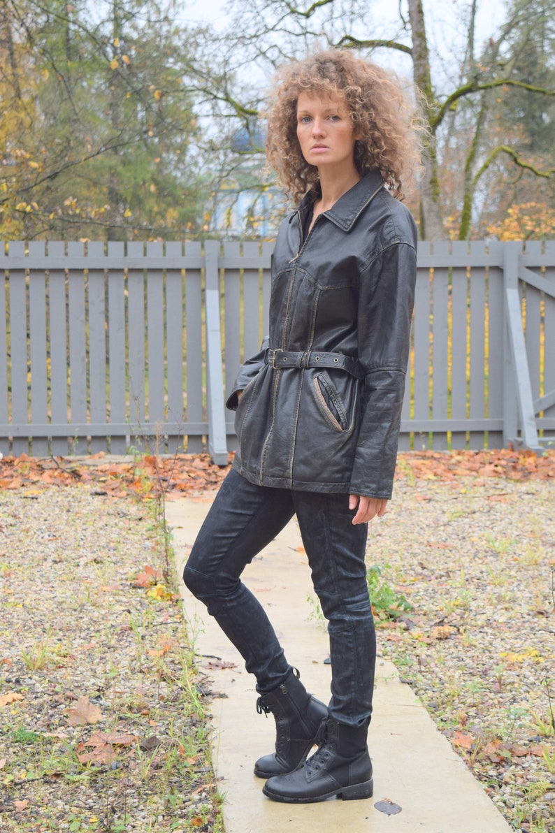 Distressed black leather jacket, women's biker jacket, moto jacket, leather coat, goatskin jacket, real leather, Size M image 1