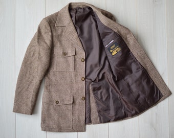 Vintage casual 90s plaid jacket, Woolen retro sport coat, Brown summer topcoat - Men's SMALL size