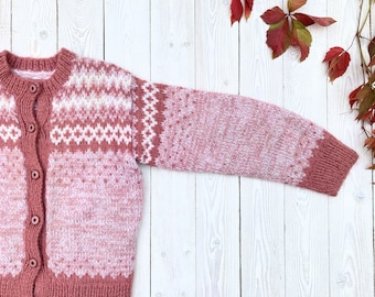 Pink nordic vintage cardigan - Extra small size Icelandic sweater - Scandinavian design winter jacket