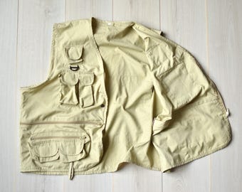 Vintage Beige Cotton Utility Vest: Men's XL Workwear Cargo Jacket