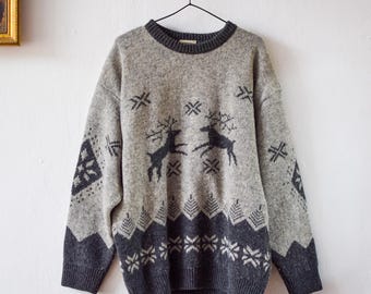 Gray vintage nordic wool pullover, Knitted winter sweater - Men's MEDIUM size