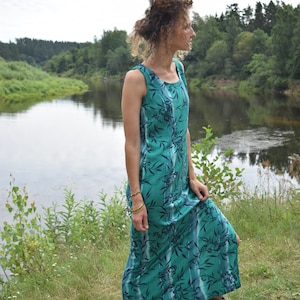 Floral vintage dress, green maxi dress, women summer dress, long dress,