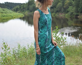 Floral vintage dress, green maxi dress, women summer dress, long dress,