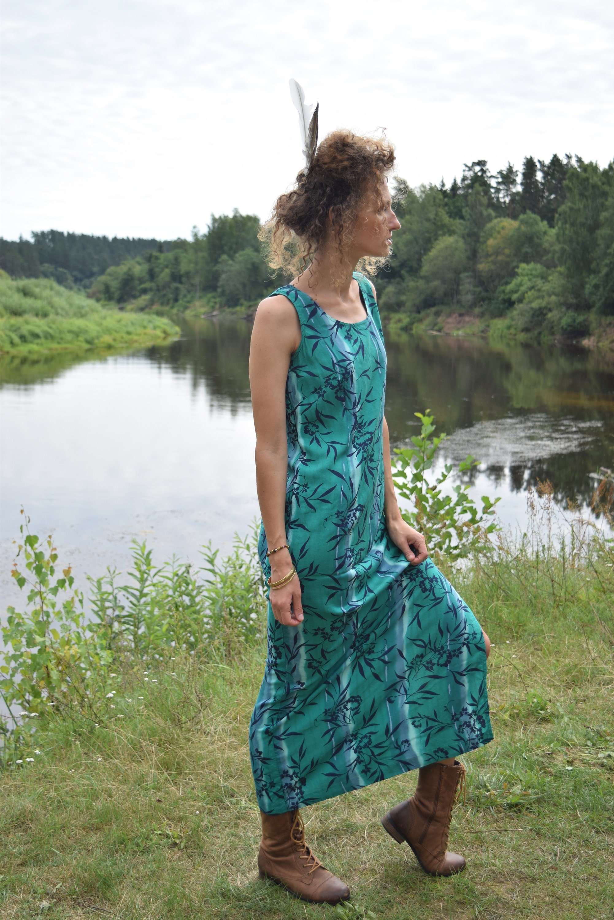 Vintage Floral Green Maxi Dress, Women's Summer Viscose Dress Vintage Floral Green Maxi Dress, Women's Summer Viscose Dress