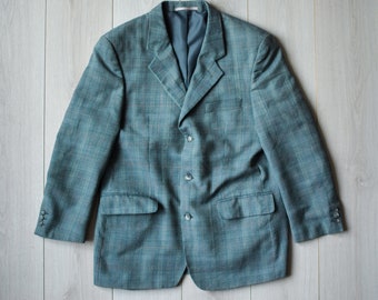 Teal retro suit jacket, vintage 70s blazer, Mad men style suit, tartan pattern, vintage wedding suit, oversize blue blazer, Men's size S/M