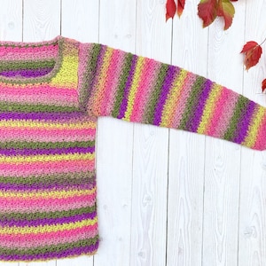 Pink crochet top, striped sweater - Extra small hand crochet women&#39;s pullover - 70s winter knitwear
