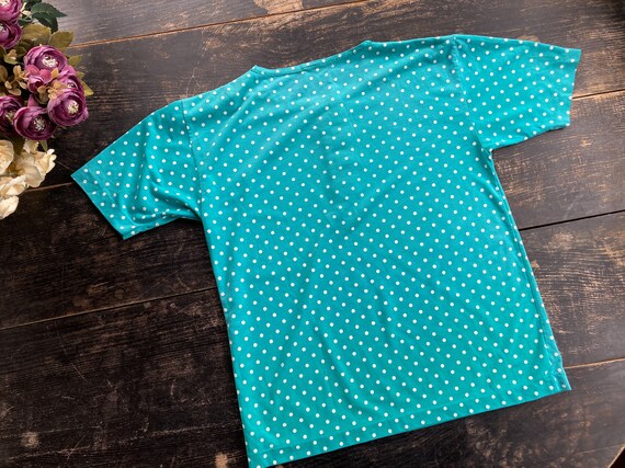 Blue-green (cyan) polka dot summer shirt - Vintag… - image 7