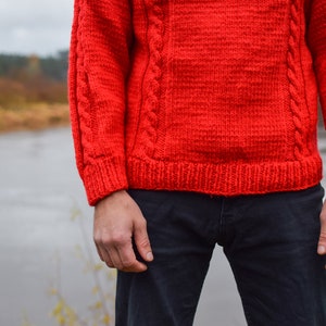 Red cable knit sweater, vintage wool jumper, pullover sweater, neon red, Red Christmas sweater, 90s knitwear, monochrome sweater, Men' M image 6