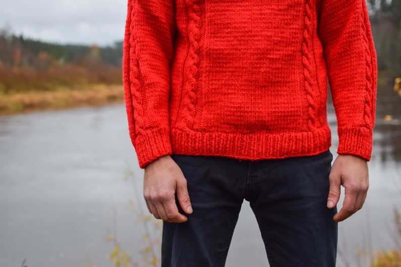 Red cable knit sweater, vintage wool jumper, pullover sweater, neon red, Red Christmas sweater, 90s knitwear, monochrome sweater, Men' M image 6