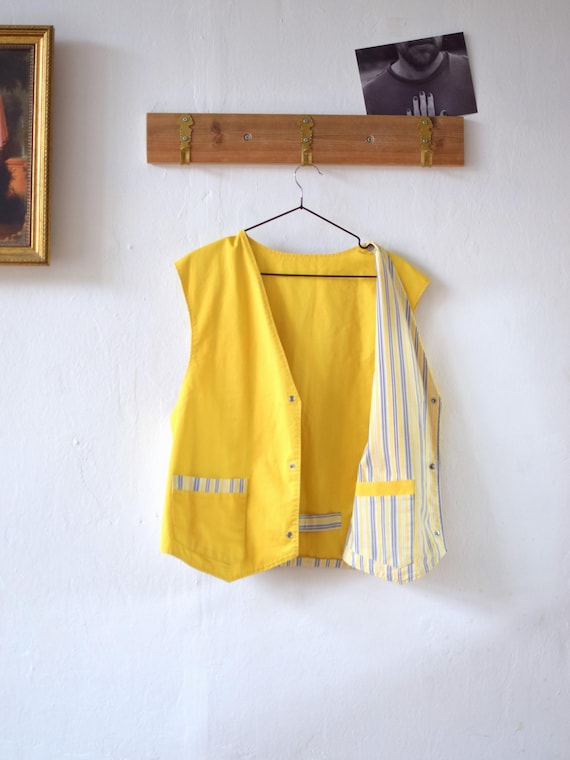 Vintage Reversible Cotton Vest: 90s Yellow Stripe Sleeveless Waistcoat