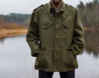 1968 Dutch military jacket, vintage Netherlands army coat, khaki green authentic military winter overcoat - Men's LARGE size