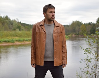 Distressed Leather Vintage Biker Jacket: Light Brown 90s Retro Style - Men's Medium