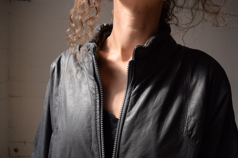 Black leather jacket, rockstar leather outdoor jacket, spring coat, biker custom jacket, men topcoat, women leather, vintage coat, M/L image 3