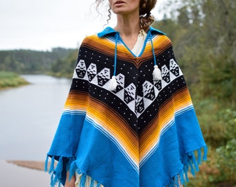 Navajo cape coat, Blue poncho, Vintage woolen fringe blanket - Women's MEDIUM size