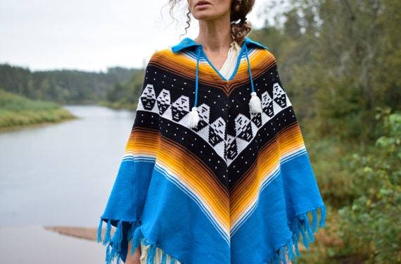 Navajo cape coat, Blue poncho, Vintage woolen fri… - image 1