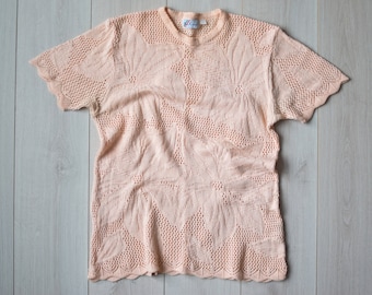 90年代ヴィンテージレースブラウス：ピンクコットンブレンドサマートップス（L）