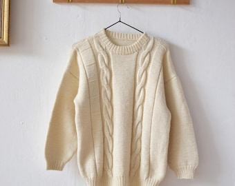 Handmade Cable Knit Wool Jumper, Cream Fisherman Pullover, Women's SMALL