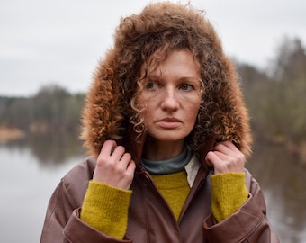 Embroidered Vintage Leather Parka Coat: Brown Nordic Hooded Overcoat - Women's MEDIUM