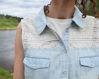 Sleeveless denim shirt - Vintage summer blouse - Women's lace shirt - Light blue summer top - Bohemian blouse - Button up shirt