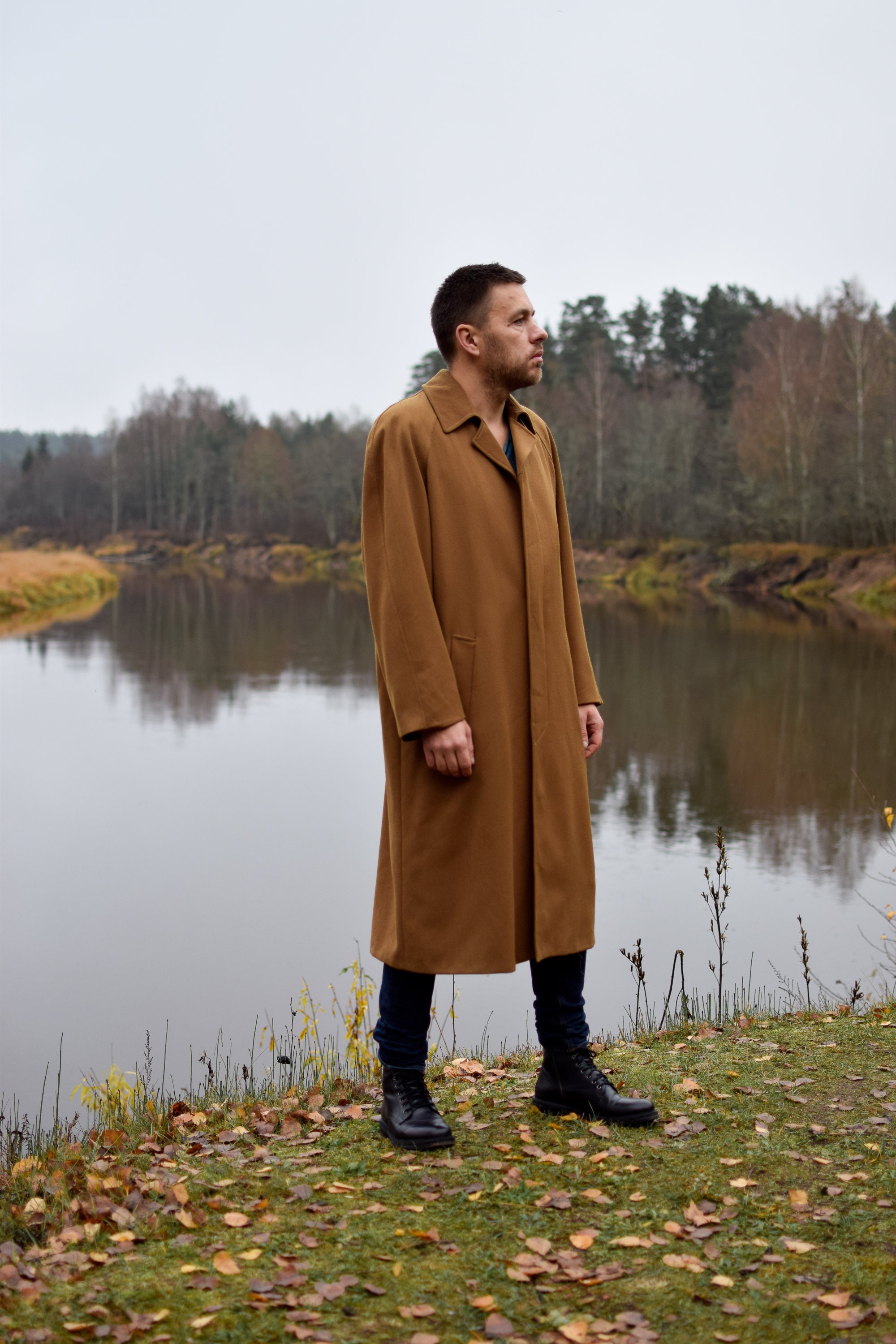 Sand Brown Vintage Topcoat - Men's Long Trench Coat - Retro