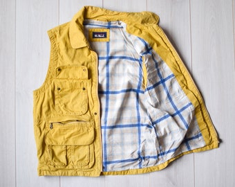 Yellow utitilty vest, 80s vintage fishing vest, multi pocket waistcoat, oversize 90s vest, loose fit, lemon yellow vest, men's size M