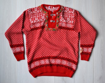 Pull norvégien rouge, pull vintage des années 80, pull de ski rétro, pull de Noël, cadeau pour elle, pull à motif nordique, L pour femmes
