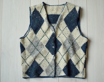 Handmade sweater vest, 90s vintage waistcoat vest, v-neck vest, crop top vest, gilet vest, rhombus pattern, gift for her, women&#39;s size S/M