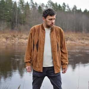 Lightweight real leather bomber jacket, Brown suade leather overjacket, German 90s retro autumn jacket - Men's MEDIUM size