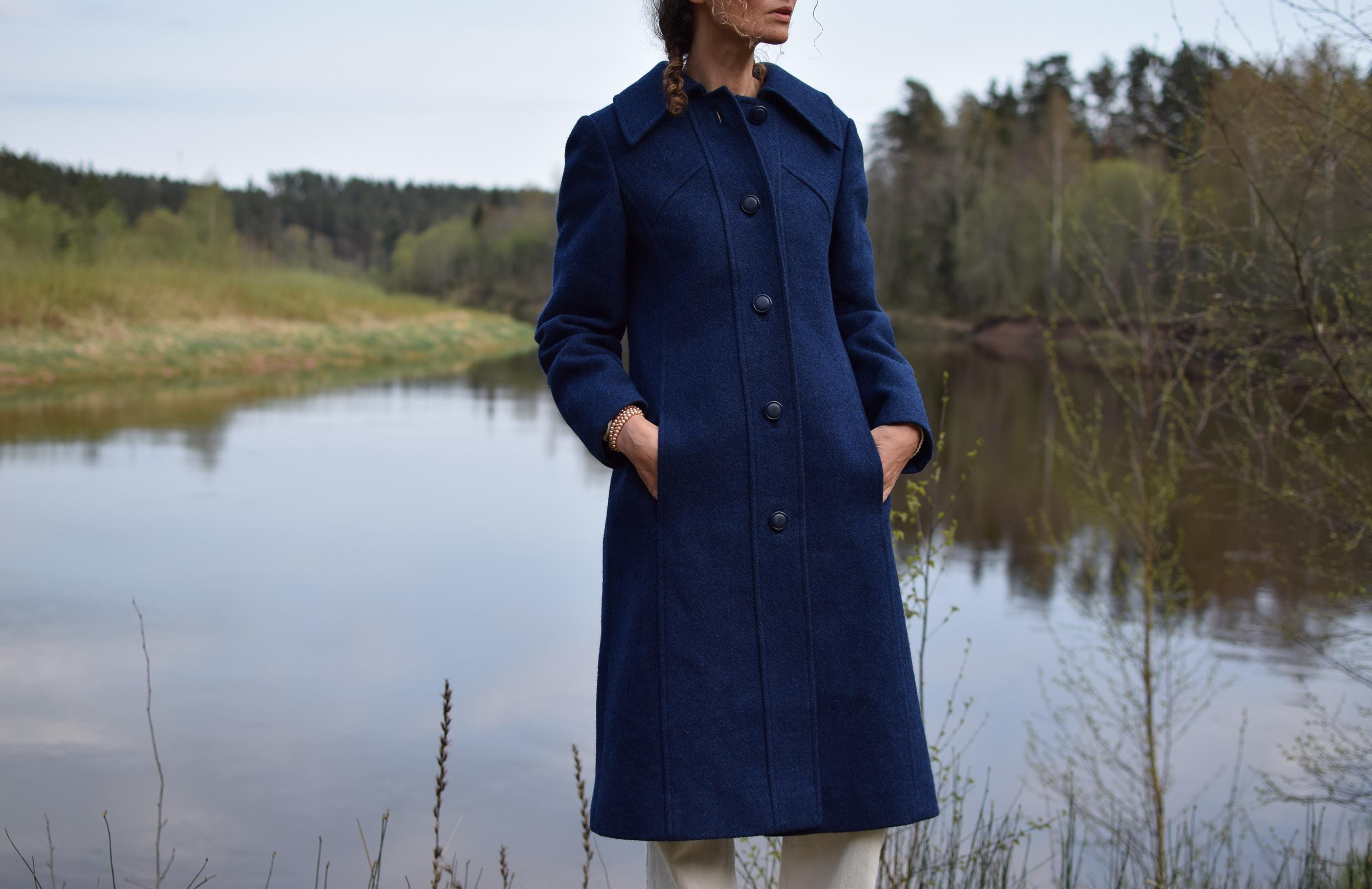 Vintage Blue Wool Mohair Coat: 80s German Topcoat, Women's Medium