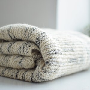 May include: A soft, white and gray knitted throw blanket with a subtle striped pattern. The blanket is folded in thirds and is lying on a white surface.