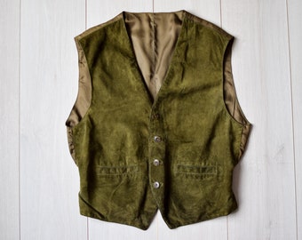 Gilet vintage italien, gilet en cuir vert, fabriqué en Italie, gilet des années 90, gilet en cuir véritable, gilet en daim, col en v, taille femme L, homme S/M