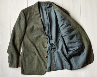 Duitse tweed blazer, groene vintage sportjas, jaren '80 colbert, visgraat herenblazer, wollen jasje, vintage trouwpak, heren medium